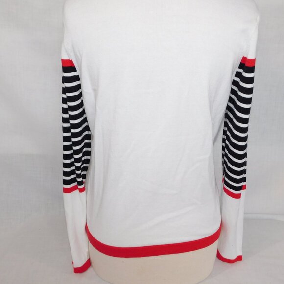 Northern Reflections Women M White Cardigan Sweater Red Navy Blue Striped detail - Picture 10 of 10